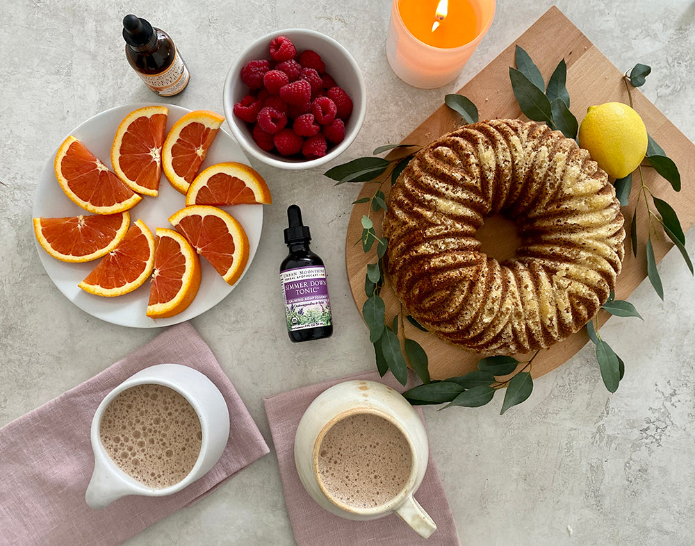 Citrus Olive Oil Cake and Adaptogenic Lattes table