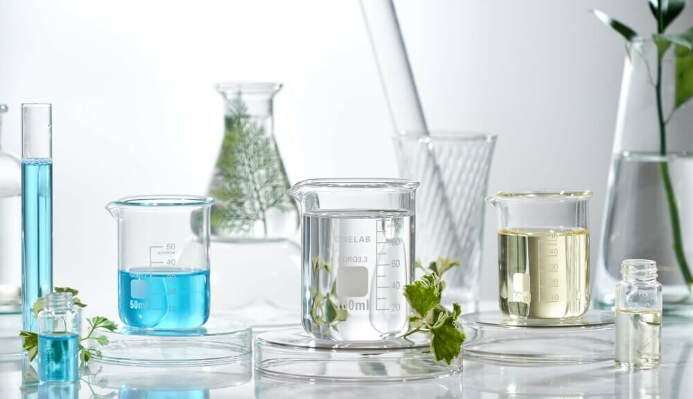 Skincare synthetic ingredients in a lab in beakers